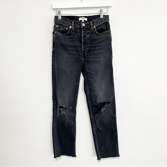 Re/done Originals 70s Stove Pipe Jeans Faded Coal With Rips Size 26 - Picture 3 of 11